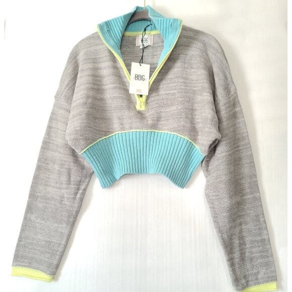 Urban Outfitters BDG Keegan LS Sweater Half-Zip Cropped Sz S Gray Blue NWT - Picture 2 of 12